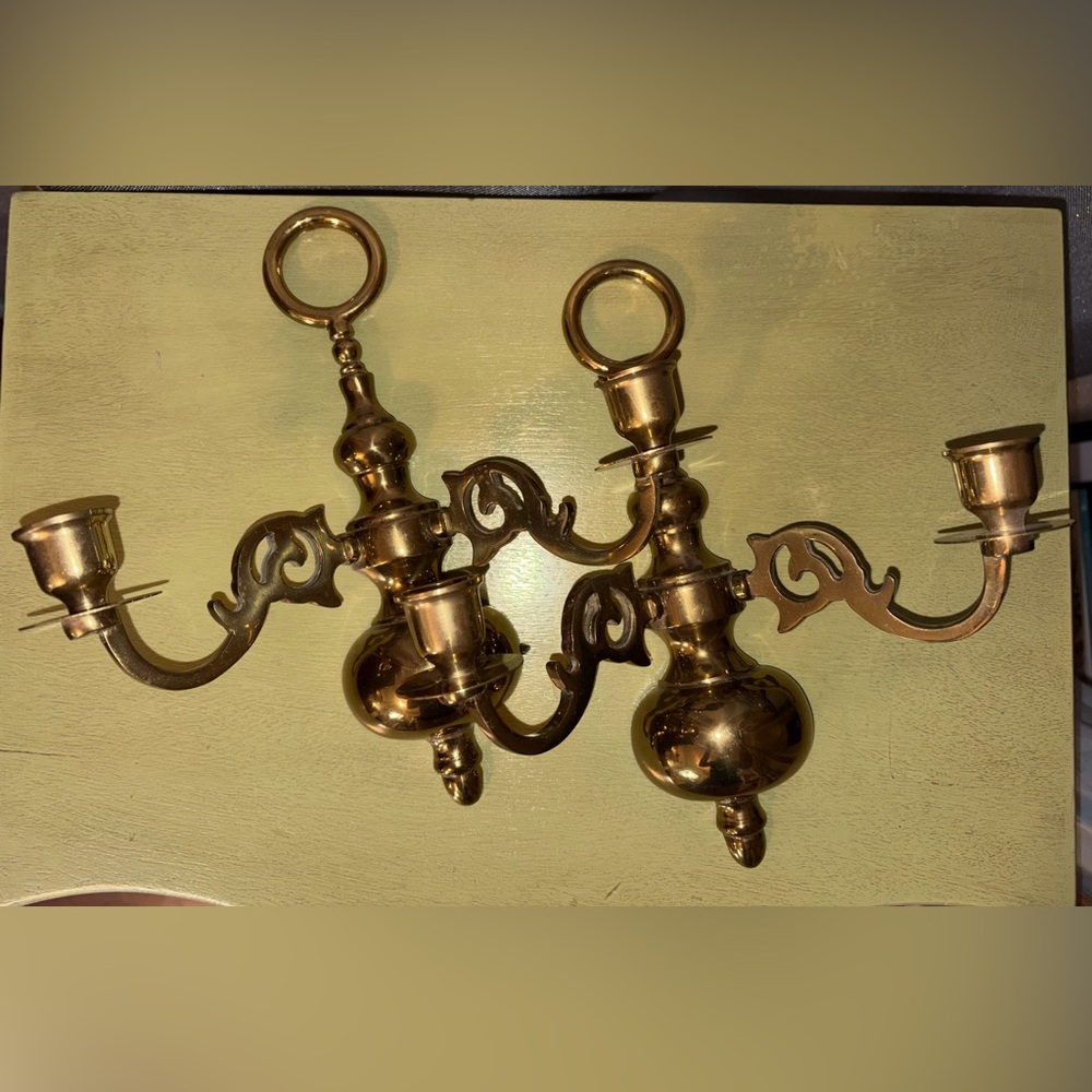 Set of 2 Vintage Valsan Portuguese Solid Brass Wall Candle Sconces